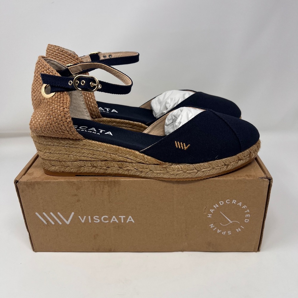 Viscata Pubol Espadrille Wedge Sandals Womens 40 US 9 Navy Canvas Spain NIB